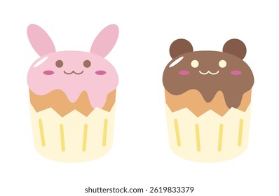 Bonito coelho e urso personagem cupcakes ilustração plana
