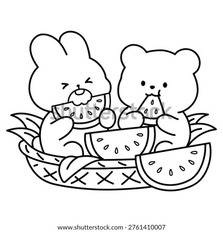 Cute Bunny and Bear Eating Watermelon Coloring Page for Kids and Adults. Bunny and Bear Summer Picnic Coloring Page. Coloring Page of a Cute Bunny and a Bear Sitting Together and Enjoying a Slice of Watermelon. Cozy and Fun Summer Theme Coloring Page of Cute Animal Characters. 