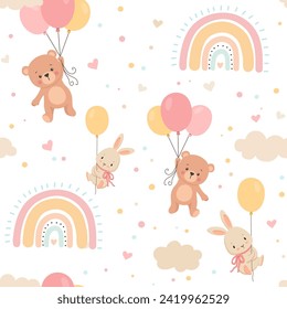 Cute bunny and bear flying with balloon in clouds. Baby rabbit and bear with rainbow. Vector cartoon seamless pattern on white for fabric, nursery wallpaper