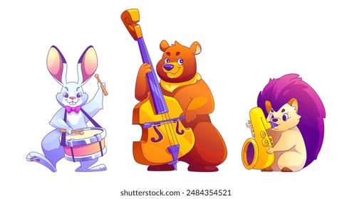 Cute bunny, bear, hedgehog playing music set isolated on white background. Contemporary vector cartoon illustration of funny animals performing on drum, contrabass, saxophone, pet jazz band show