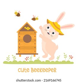 Cute bunny beekeeper. Funny rabbit apiarist in apiary with beehive and funny bees. Vector illustration. Character rabbit for kids collection, cards, design, decor, printing, flyers about beekeeping.
