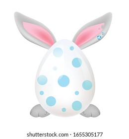 Cute bunny behind dotted egg kawaii cartoon vector character. Adorable and funny Easter animal isolated sticker, patch. Eggs hunting, Pascha holiday symbol. Anime baby easter rabbit emoji on white