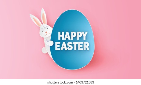 Cute bunny behind the Easter egg and word design of Happy Easter In the Easter egg shape frame. paper cut and craft style. vector, illustration.