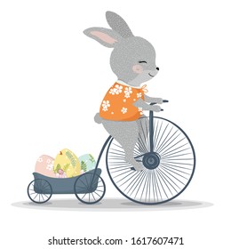 Cute bunny with bicycle.T-shirt graphics.Easter illustration