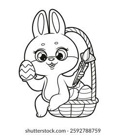 Cute bunny with big brushes and basket with Easter decorated eggs outlined for coloring on a white background
