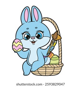 Cute bunny with big brushes and basket with Easter decorated eggs on a white background