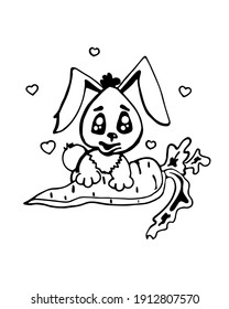 Cute bunny with a big carrot, vector illustration isolated on a white background, cartoon style. can be used to design Easter products, for book illustrations, print on clothes.