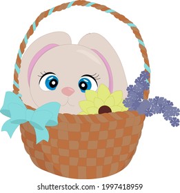 cute bunny with big eyes in a basket and flowers