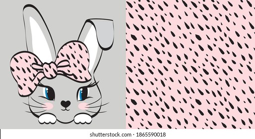 Cute bunny and big pink bow Smears in the form drop pink background seamless pattern  Vector illustration  Set prints for kids clothes 