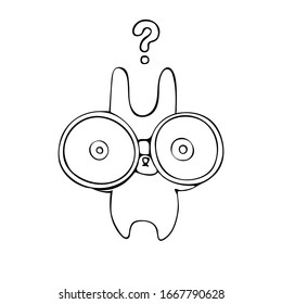 Conejito con prismáticos. idea de cognición, curiosidad, interés, preguntas. Ilustración del material vectorial dibujada a mano sobre un fondo aislado blanco. impresión, carácter, logotipo, postal. 