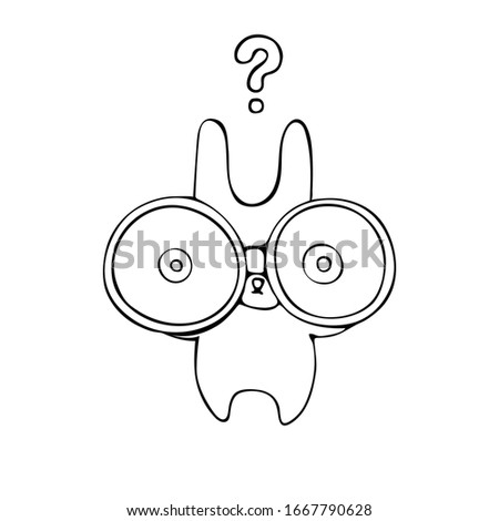 Cute bunny with binoculars. idea of cognition, curiosity, interest, questions. Vector stock illustration hand-drawn on a white isolated background. print, character, logo, postcard. 