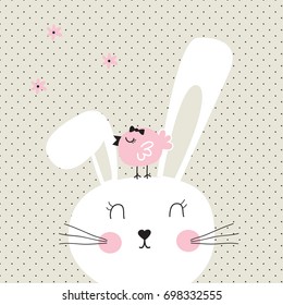 cute bunny with bird on polka dots background, Happy Easter card, bunny cartoon vector illustration