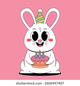 Cute bunny with birthday cake and hat