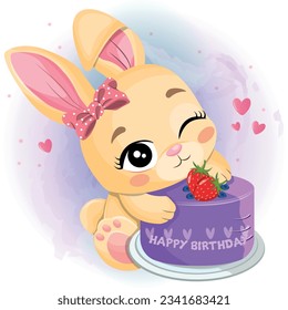 Cute Bunny With Birthday Cake Vector