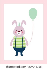 cute bunny birthday party greeting card with balloon