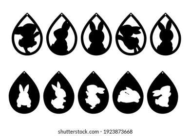 Cute bunny black silhouettes. Earrings cut files templates. Basis graphics on white background