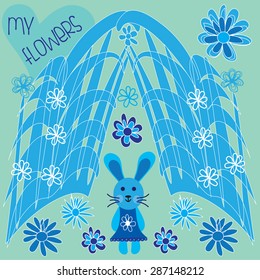 cute bunny with blue flowers vector illustration