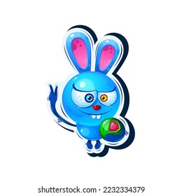 A cute bunny, a blue toothy rabbit with big multi-colored eyes, hugged a watermelon. Character design in cartoon style. Sticker. Vector illustration.