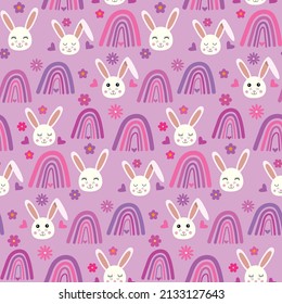 Cute bunny and boho rainbow seamless with flowers and hearts on pink plush background. Great for spring and easter wrapping paper, kids clothing and baby shower