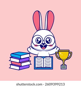 Cute Bunny with Book and Trophy – Smart Rabbit Cartoon Illustration
