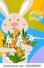 Cute bunny with bouquet of spring flowers. Hello Spring lettering. Card, poster, invitation, and seasonal decoration. Perfect for Easter.