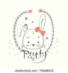 Cute bunny with bow. cartoon hand drawn vector illustration. Can be used for baby t-shirt print, fashion print design, kids wear, baby shower celebration greeting and invitation card.