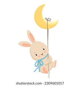 Cute bunny with bow hanging on moon. Lovely rabbit character illustration for nursery. Hare with crescent moon isolated on white. Vector cartoon clipart