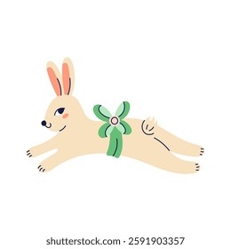 Cute bunny with bow on his belt runs to the side. Happy Easter hand drawn card. Flat illustration with partial outline. Isolated vector illustration.
