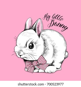 Cute Bunny with a bow on a pink background. Vector illustration.