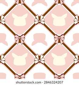 Cute Bunny Bow Pattern in Blush Pink Choc and Brown Chocolate Background Seamless Repeat