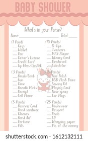 Cute Bunny with Bow Ribbon Baby Shower What's in your purse Layout Template, light Pink Color Do it Yourself Word Game with Rabbit theme for girl, Adorable furry animal mommy to be activity card