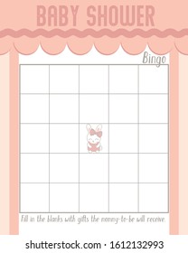 Cute Bunny with Bow Ribbon Baby Shower Bingo Layout Template, light Pink Color Do it Yourself Word Game with Rabbit theme for girl, Adorable furry animal mommy to be activity card