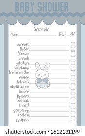 Cute Bunny with Bow Tie Baby Shower Scramble Layout Template, light Blue Color Do it Yourself Word Game with Rabbit theme for boy, Adorable furry animal mommy to be activity card