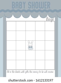 Cute Bunny with Bow Tie Baby Shower Bingo Layout Template, light Blue Color Do it Yourself Word Game with Rabbit theme for boy, Adorable furry animal mommy to be activity card