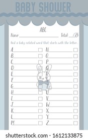 Cute Bunny with Bow Tie Baby Shower Alphabet Layout Template, light Blue Color Do it Yourself Word Game with Rabbit theme for boy, Adorable furry animal mommy to be activity card