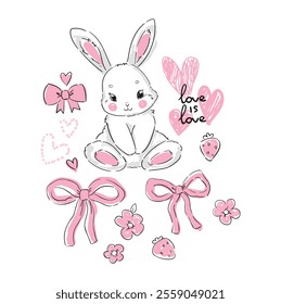 Cute Bunny and bow vector illustration print design rabbit, children print on t-shirt, Hand Drawn 