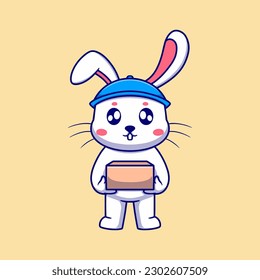 Cute bunny with box cartoon icon illustration. flat design concept for courier service