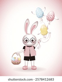 Cute bunny boy in glasses, shorts, T-shirt and pink vest holds a basket of Easter eggs in one hand and ribbons tied to flying Easter eggs with wings in the other