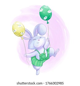 Cute bunny boy in green striped pants holds two balloons in his paws and jumps merrily. Vector child character. Watercolor texture.