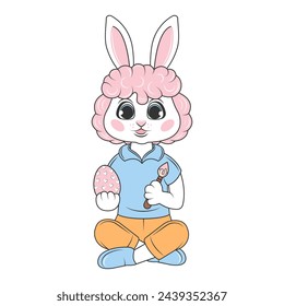 Cute bunny boy sits and paints an egg with dyes. Vector illustration isolated on transparent background. Easter celebration.