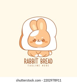 Cute bunny in bread cartoon vector icon illustration. kawaii hand drawn logo for bakery