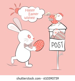 A cute bunny brought easter eggs to the mailbox. Happy easter concept. Colorful design. Vector illustration.