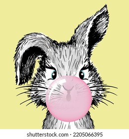 Cute bunny with bubble gum. Vector illustration.