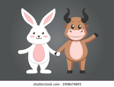 Cute bunny and bull holding hands