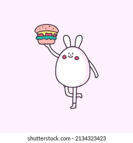 Cute bunny with burger, illustration for t-shirt, street wear, sticker, or apparel merchandise. With doodle, retro, and cartoon style.
