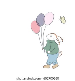 Cute bunny with butterfly and balloons. Illustration in pastel color