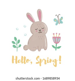 Cute bunny with butterfly, leaves and flowers. Concept with lettering "Hello spring"