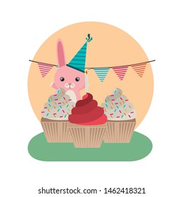 cute bunny with cake of happy birthday