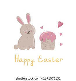 Cute bunny with cake, hearts and lettering. Concept for Easter
