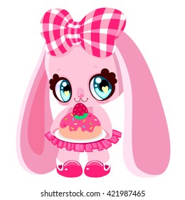 Cute bunny with a cake. Pink bunny. Children's character. Birthday card. Congratulation.